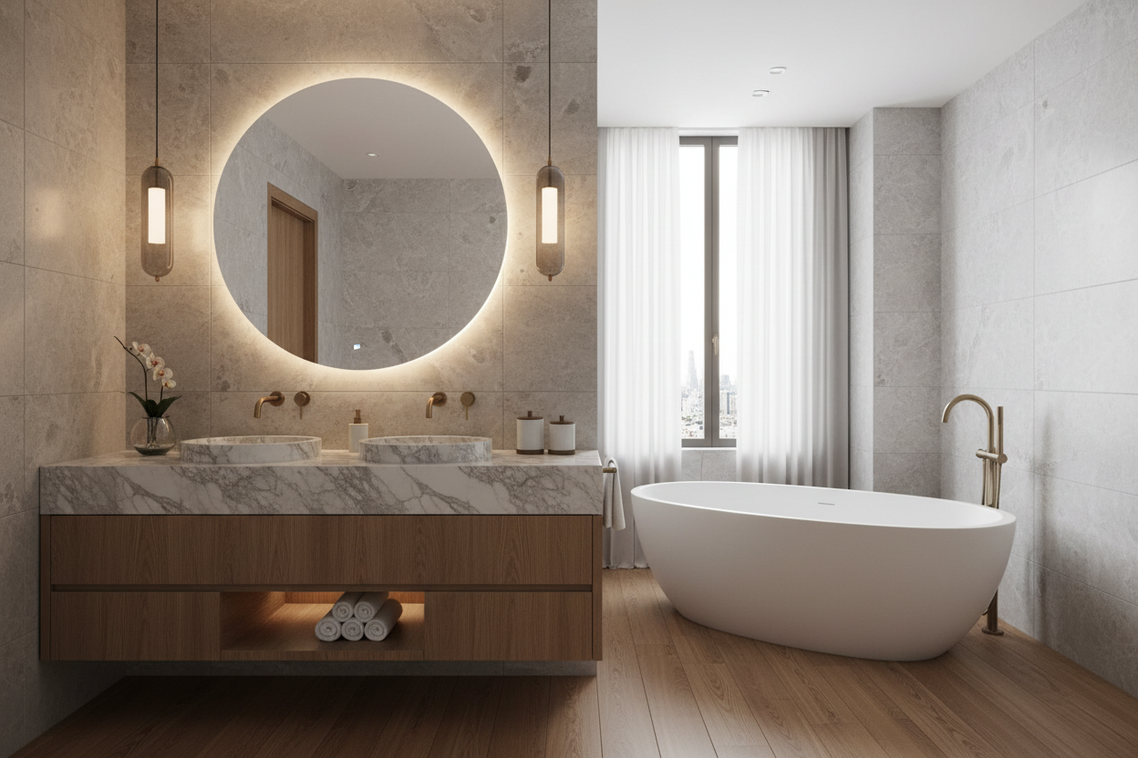 Luxury bathroom with marble vanity suite